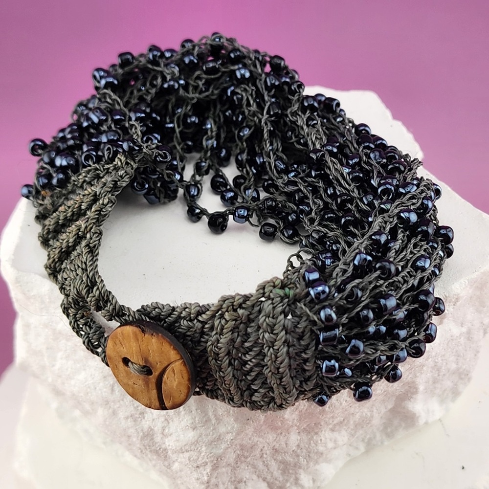 Black Glass Seed Bead Crochet Cuff Bracelet Wood Button Boho Statement Jewelry